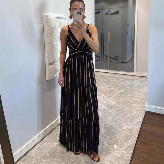 Summer Geometric Abstract Printed V neck Pleated Expansion Dress Vacation Maxi Dress