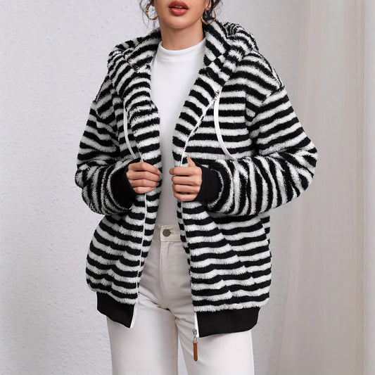 Autumn Winter Lazy Plush Design Black White Striped Hooded Jacket - Iyanka