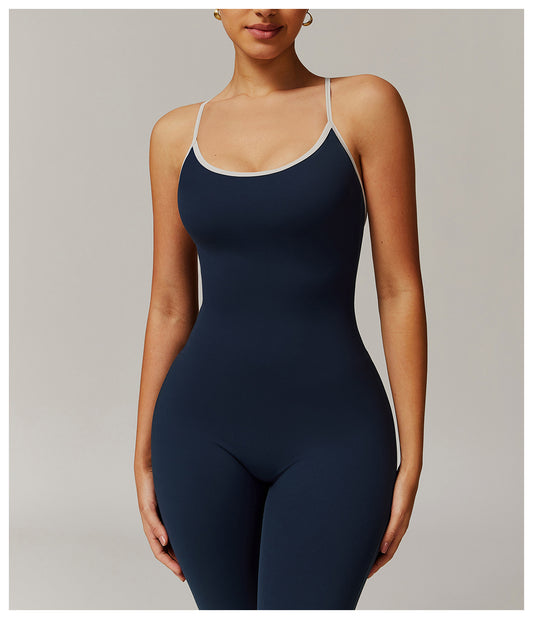 Nude Feel Cross Beauty Back Yoga Jumpsuit Pleated Slightly Pull Running Sports Fitness Horn Jumpsuit - Iyanka