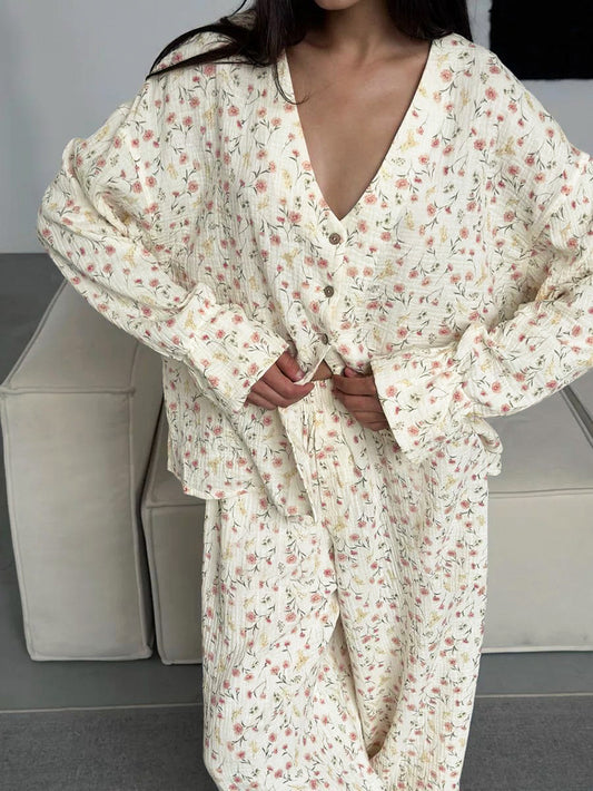 Loose Comfortable Homewear Spring Pure Cotton Printed Long Sleeved Trousers Comfortable Pajamas Women - Iyanka