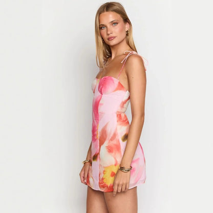 Summer Sexy Printing Lace up Backless Waist Slimming Sheath Dress