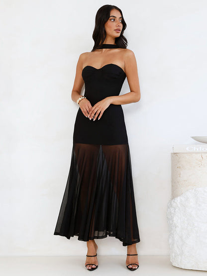 Women Clothing Solid Color Sleeveless Split Mesh Tube Top a Word Maxi Dress