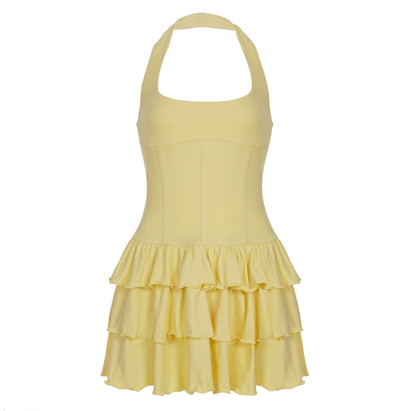 Vacation Women Clothing Solid Color Halter Waist Tight Figure Flattering Puffy Dress Sexy Square Collar A line Tiered Short Dress
