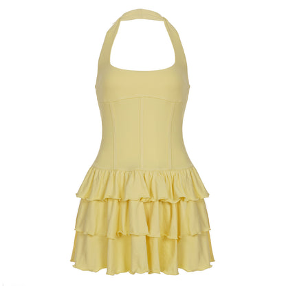 Vacation Women Clothing Solid Color Halter Waist Tight Figure Flattering Puffy Dress Sexy Square Collar A line Tiered Short Dress