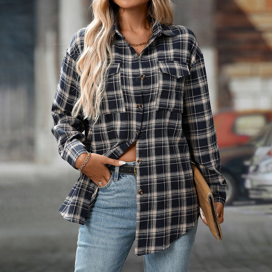 Autumn Winter Women Clothing Casual Loose Plaid Pocket Shirt for Women - Iyanka