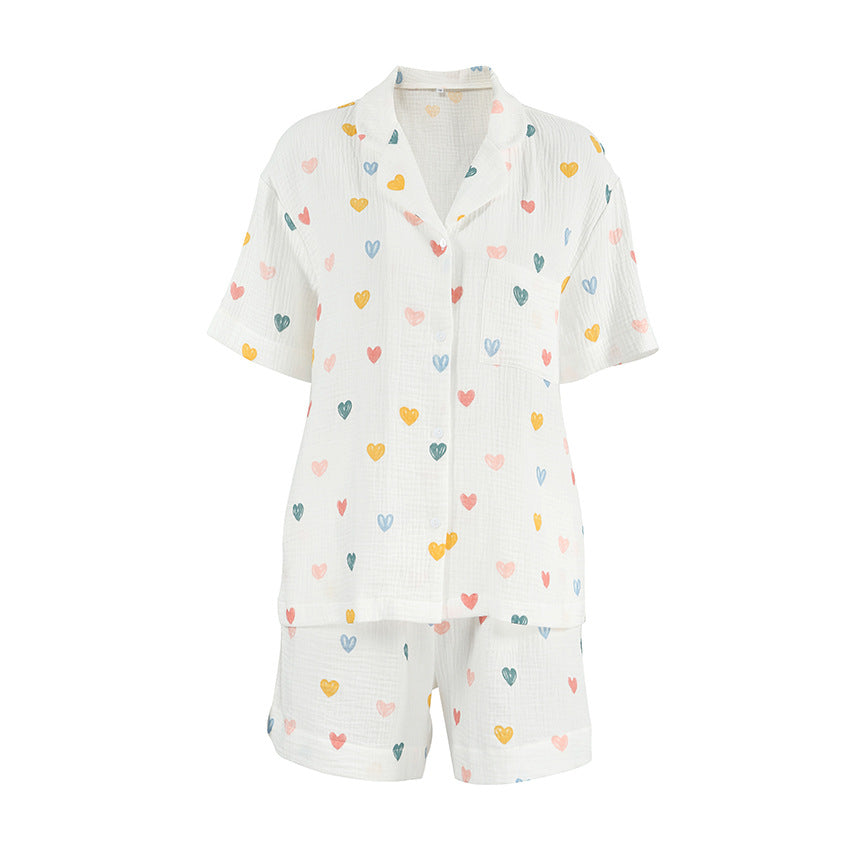 Summer Layer Crepe Heart Printing Pajamas Two Piece Cardigan Half Sleeve Shorts Women Homewear - Iyanka