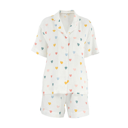 Summer Layer Crepe Heart Printing Pajamas Two Piece Cardigan Half Sleeve Shorts Women Homewear - Iyanka