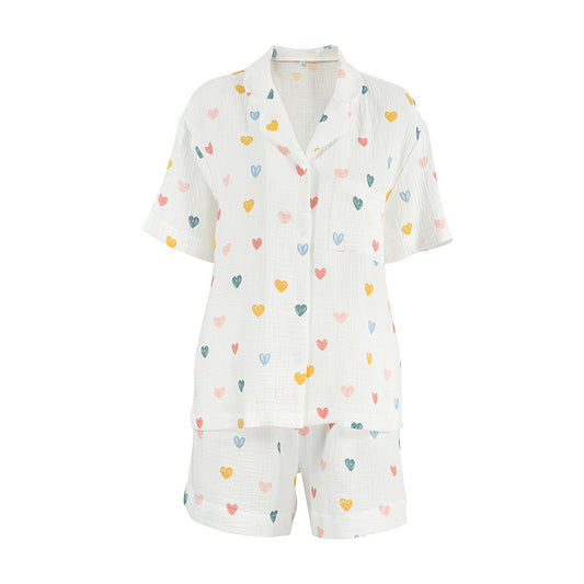 Summer Layer Crepe Heart Printing Pajamas Two Piece Cardigan Half Sleeve Shorts Women Homewear - Iyanka