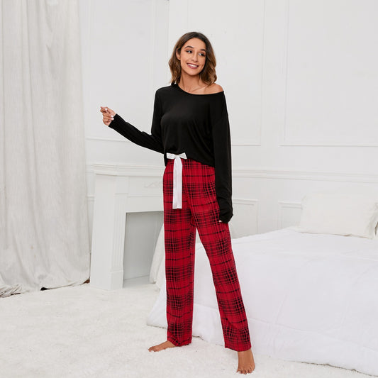 Solid Color round Neck T Printed Checks Women Casual Suit Homewear Pajamas Women - Iyanka