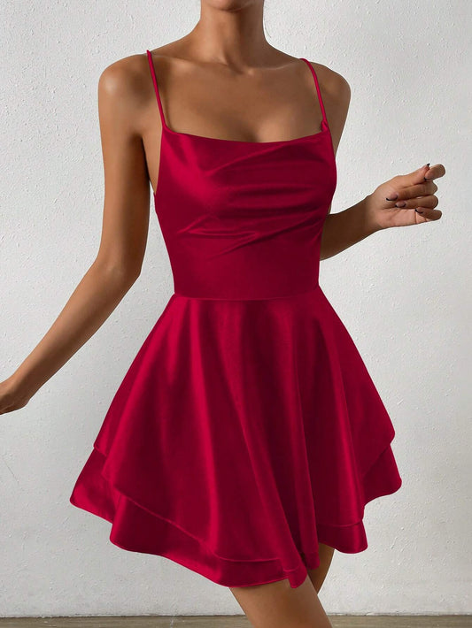 Spring Summer Women Clothing Sexy Backless Waist Trimming Sling Satin Mini Lotus Leaf Dress - Iyanka
