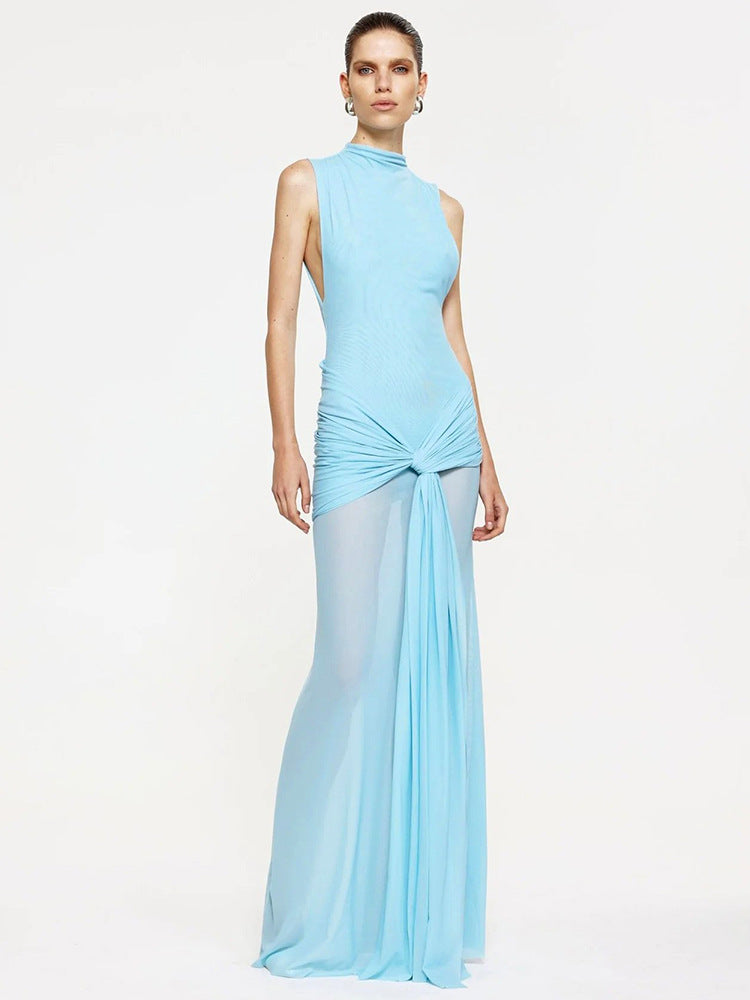 Women Clothing Solid Color Sleeveless Stand up Collar Slim Fit Embellished Pleated A line Maxi Dress