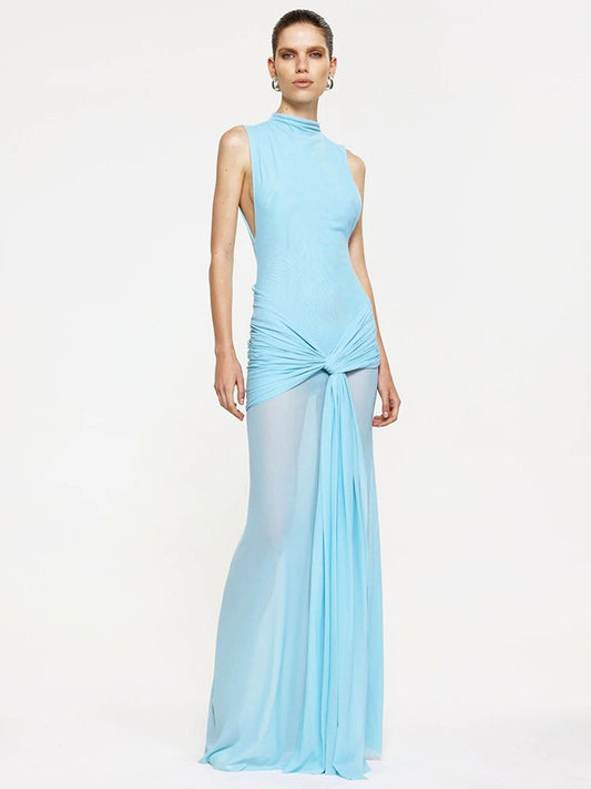 Women Clothing Solid Color Sleeveless Stand up Collar Slim Fit Embellished Pleated A line Maxi Dress