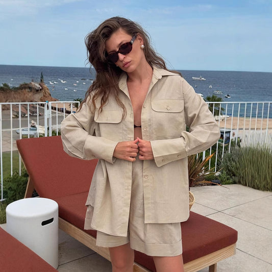 Cotton Long Sleeved Shirt Shorts Women Summer Loose Breathable Casual Two Piece Sets - Iyanka