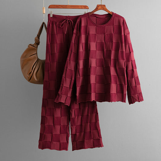 Square Plaid Knitting Women Autumn Winter Loose Fitting Oversized Sweater Casual Wide Leg Pants Two Piece Set - Iyanka