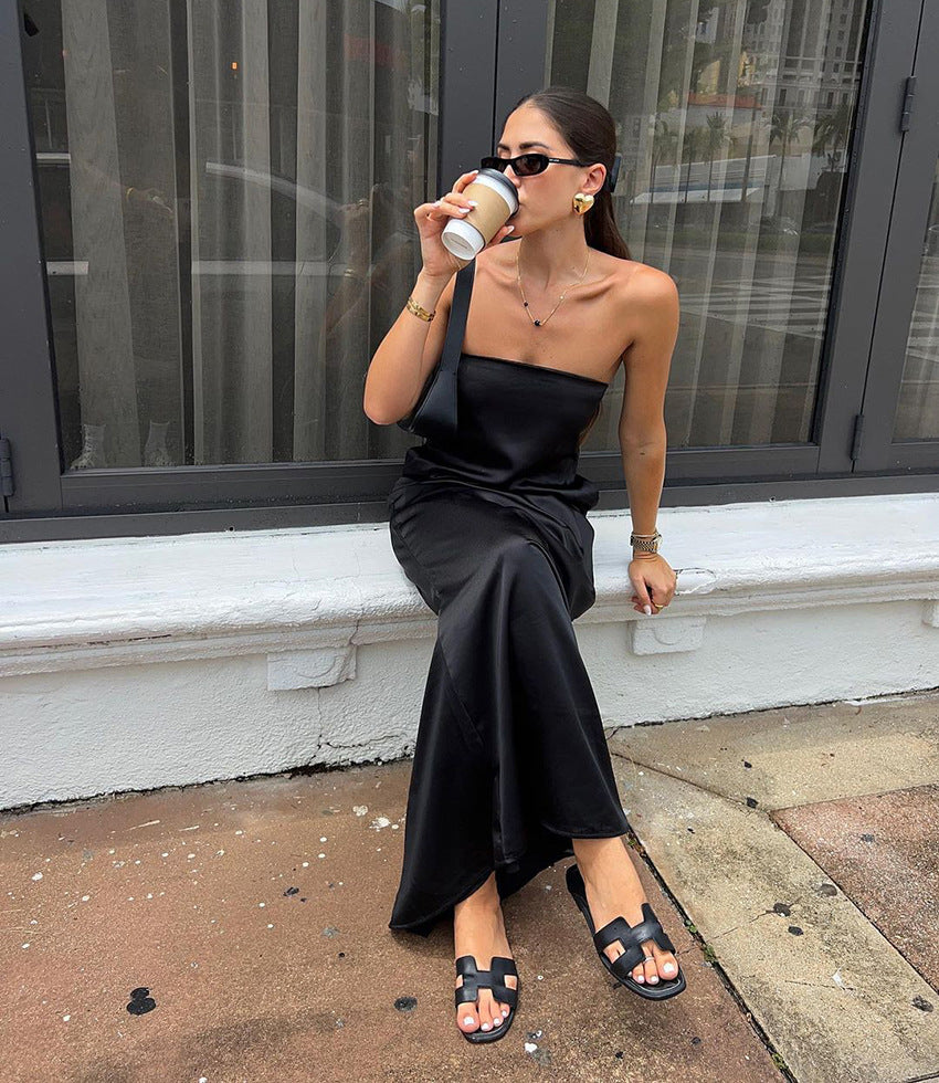 Black Sexy Tube Top Satin High Waist Loose Dress Summer Dress Women - Iyanka
