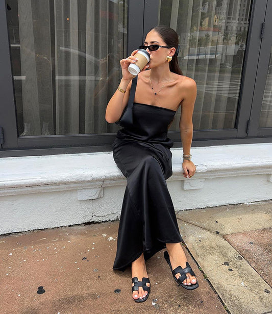 Black Sexy Tube Top Satin High Waist Loose Dress Summer Dress Women - Iyanka