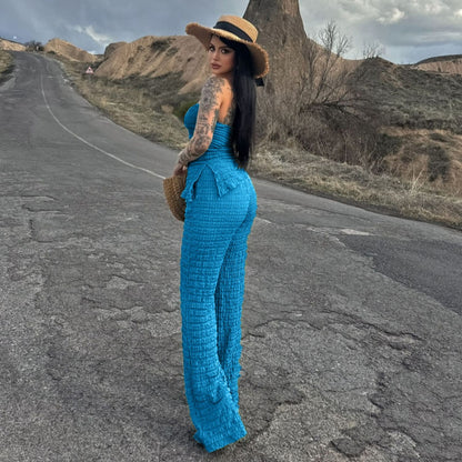 Summer Women Clothing Sexy off the Shoulder Tube Top Beveled Top Slim Trousers Two Piece Sets - Iyanka
