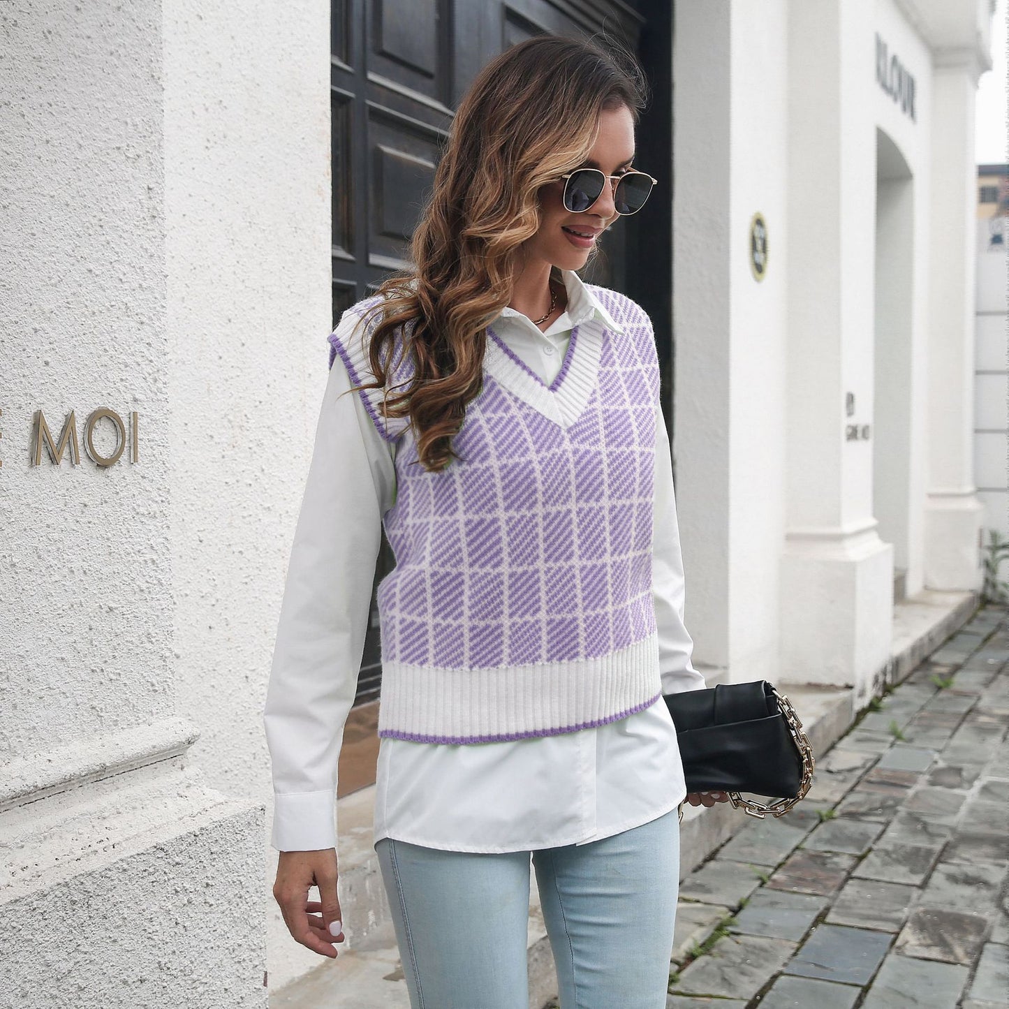 Plaid Striped V-neck Vest Sweater Women Vest Outer Wear Inner Wear Autumn Winter Knitwear Sweater - Iyanka