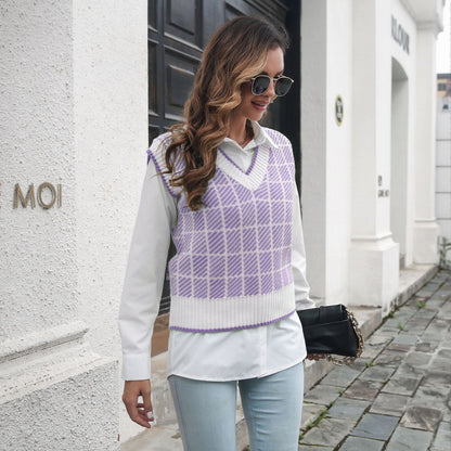 Plaid Striped V-neck Vest Sweater Women Vest Outer Wear Inner Wear Autumn Winter Knitwear Sweater - Iyanka