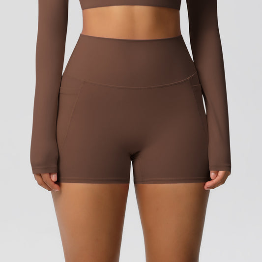 Solid Color Ribbon Pocket Yoga Pants Sports Fitness Shorts Breathable High Waist Belly Contracting Yoga Shorts for Women - Iyanka