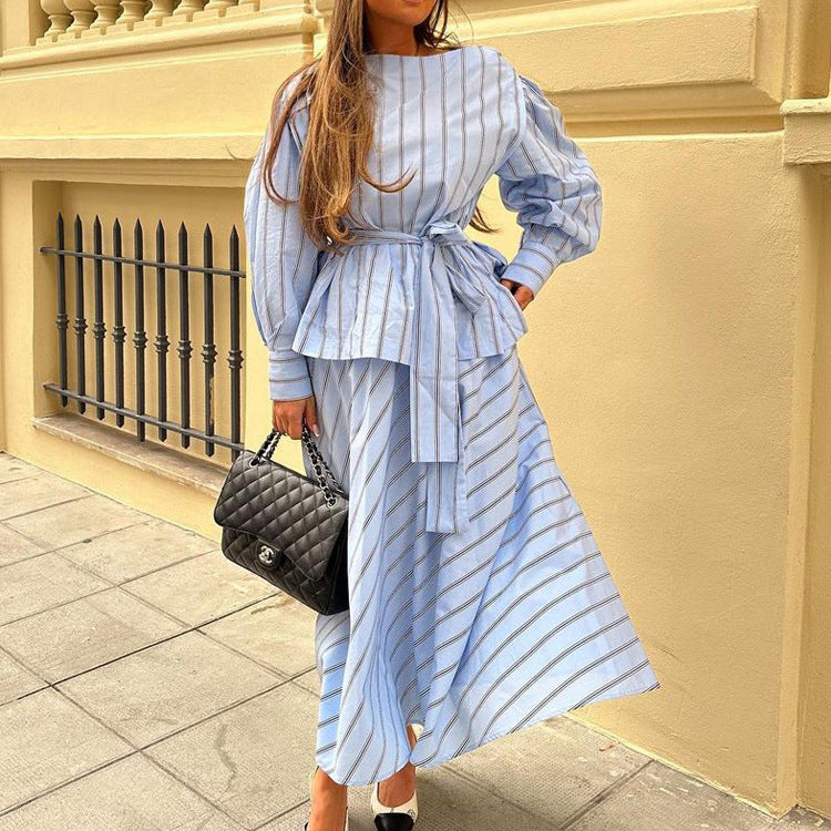 Women Striped Skirt Set round Neck Long Sleeve Tied Pullover Top Office Two Piece Set - Iyanka