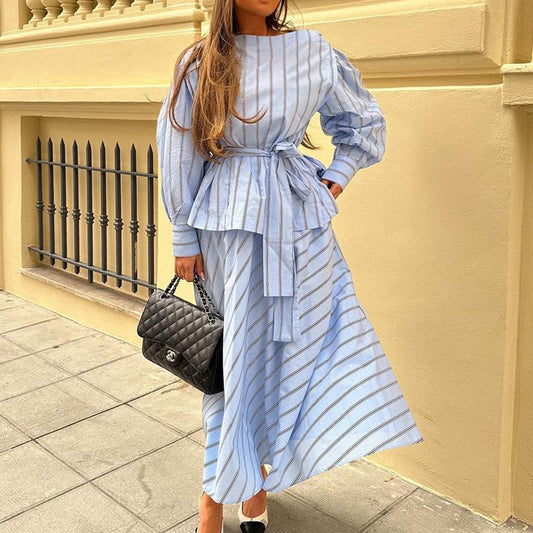 Women Striped Skirt Set round Neck Long Sleeve Tied Pullover Top Office Two Piece Set - Iyanka