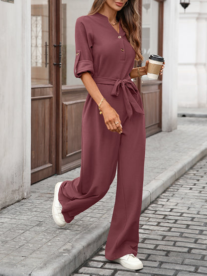 Spring Summer Solid Color High Waist Lace up Button Long Sleeve Loose Jumpsuit - Iyanka