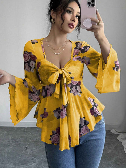 French Sweet Floral Blooming Lace up Square Collar Long Sleeve Shirt