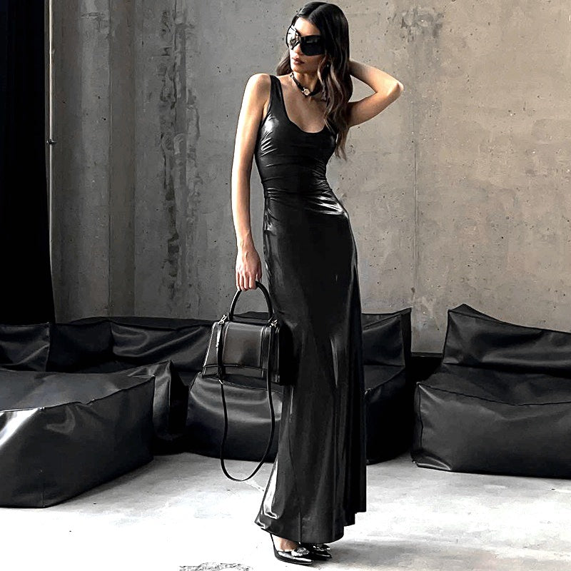 Women Clothing Winter U Collar Solid Color Split Vest Dress - Iyanka