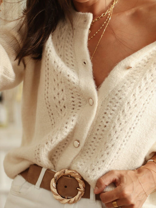 Women Autumn Winter Elegant Solid Color Knitted Cardigan Crocheted Hollow Out Cutout out Long Sleeve Single Breasted Sweater Coat - Iyanka