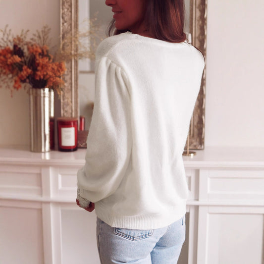 Lace Stitching V neck Knitted Cardigan Women Autumn Elegant Loose Solid Color Top for Women - Iyanka