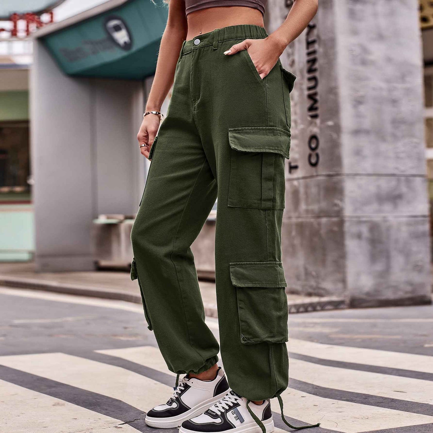 Women Loose Drawstring Design Denim Overalls Casual Sports