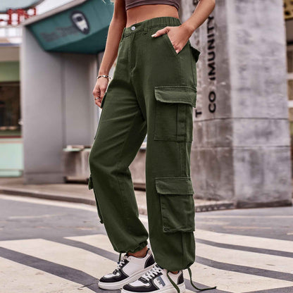 Women Loose Drawstring Design Denim Overalls Casual Sports