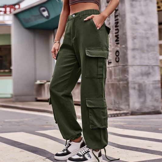 Women Loose Drawstring Design Denim Overalls Casual Sports