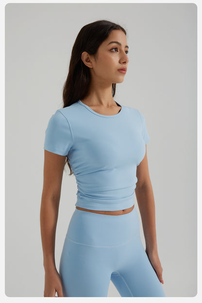 Nude Feel Yoga Clothes Women Slim Fit Pleating Stretchy Slim Fit Sports Yoga Short Sleeve Summer Breathable Workout Top - Iyanka