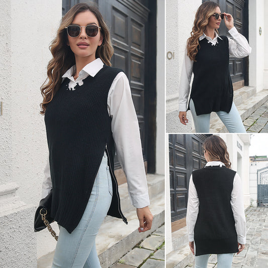 Personalized Side Zipper Split V-neck Vest Knitted Sweater Women Ripped Vest Outer Wear Women Clothing Sweater - Iyanka
