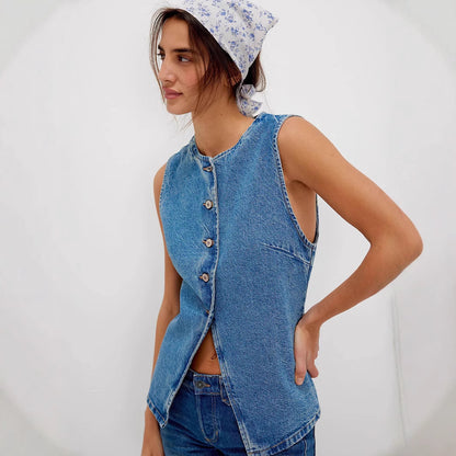 Casual Slim Fit Buttoned Women Clothing Denim Sleeveless Vest - Iyanka