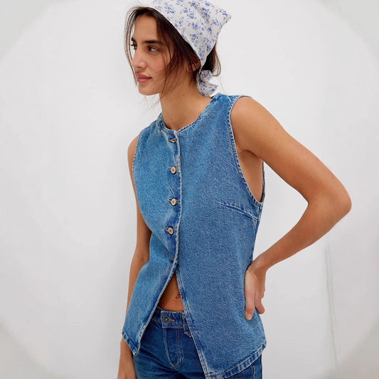 Casual Slim Fit Buttoned Women Clothing Denim Sleeveless Vest - Iyanka