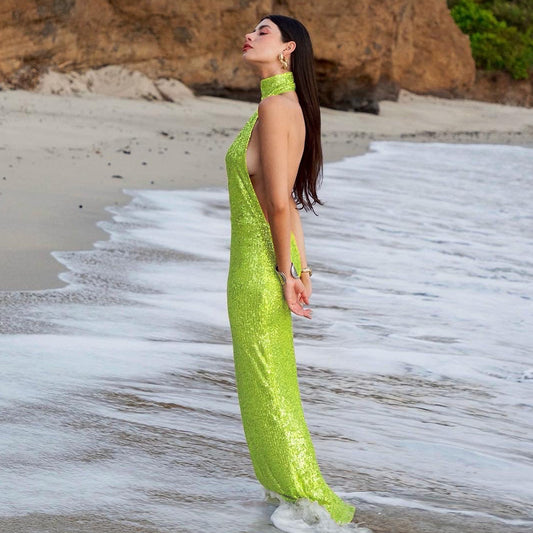 Summer Elegant Slim Women Dress Sexy Backless Sleeveless Sequined Sheath Dress