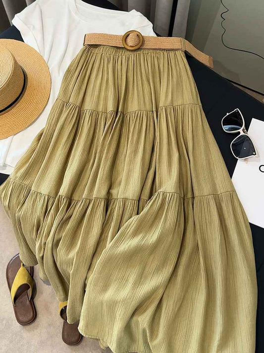 ICE Cotton Linen Skirt Women Summer Artistic Cover Figure Flattering Flowy Mid Length Skirt Oversized Skirt