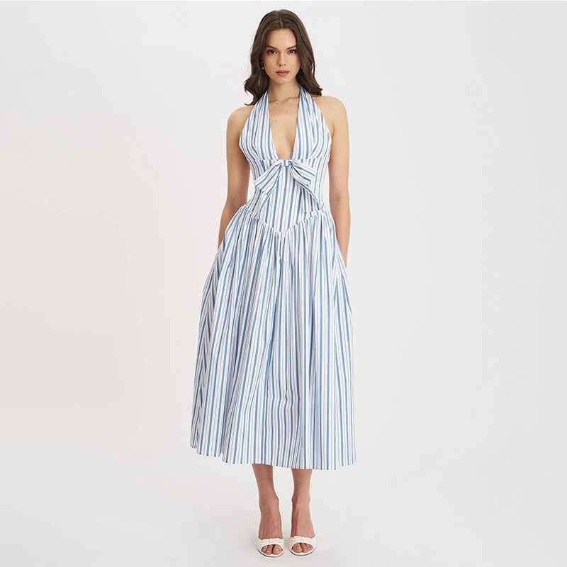Summer Striped Backless Dress for Women with French Bow Halter Design