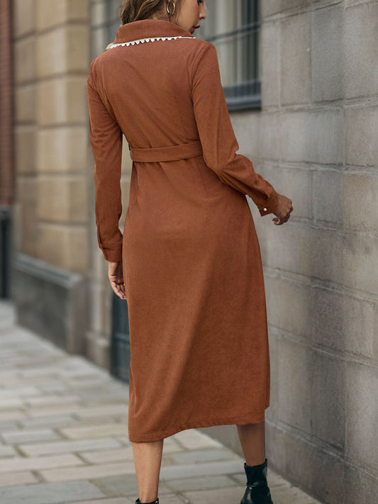 Casual Elegant Retro Lace Collared Shirt Corduroy Dress
