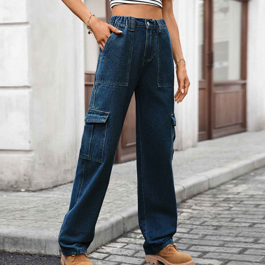 Cargo Jeans Women Autumn Winter Multi Pocket Denim Wide Leg