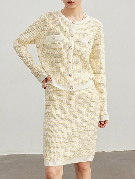 Western Classy Women round Neck Long Sleeve Stitching Plaid Knitted Sweater Top Hip Knitwear Skirt Outfit - Iyanka