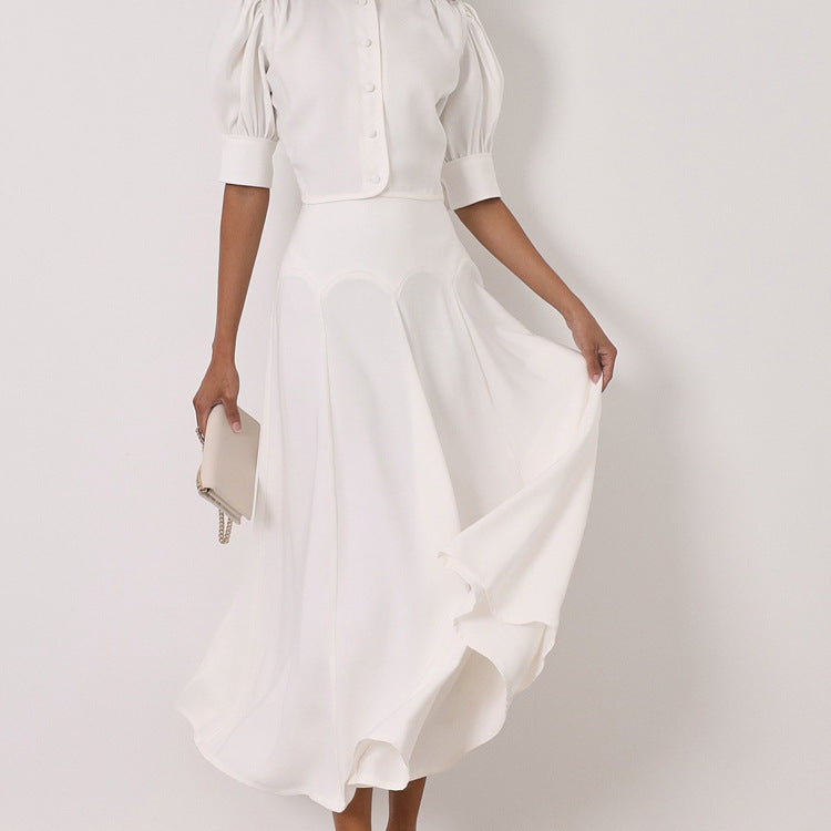 Women Clothing Satin High Grade Skirt Set round Neck Short Sleeve Cardigan Top Elegant Two Piece Set - Iyanka