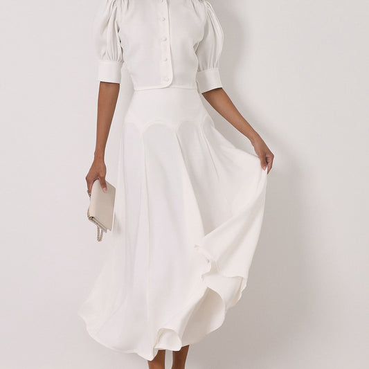 Women Clothing Satin High Grade Skirt Set round Neck Short Sleeve Cardigan Top Elegant Two Piece Set - Iyanka