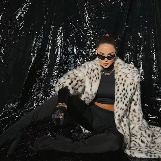 Autumn Winter Leopard Print Women Coat Mid Length Collar Faux Fur Leather Fur Coat - Iyanka