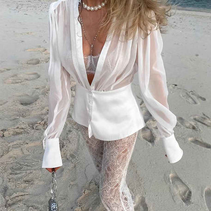 Women’s French Elegant Deep V Lace-Up Long Sleeve Blouse