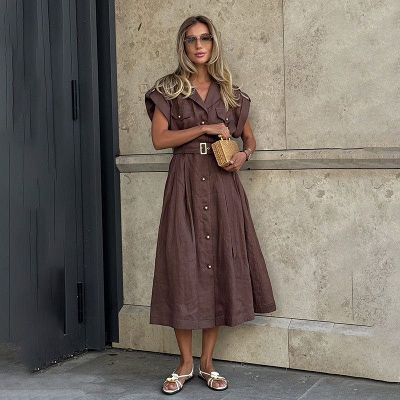 Elegant Women Retro Maxi Dress Women Summer Suit Collar with Shoulder Sleeve Waist Solid Color Dress