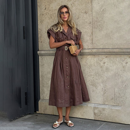 Elegant Women Retro Maxi Dress Women Summer Suit Collar with Shoulder Sleeve Waist Solid Color Dress